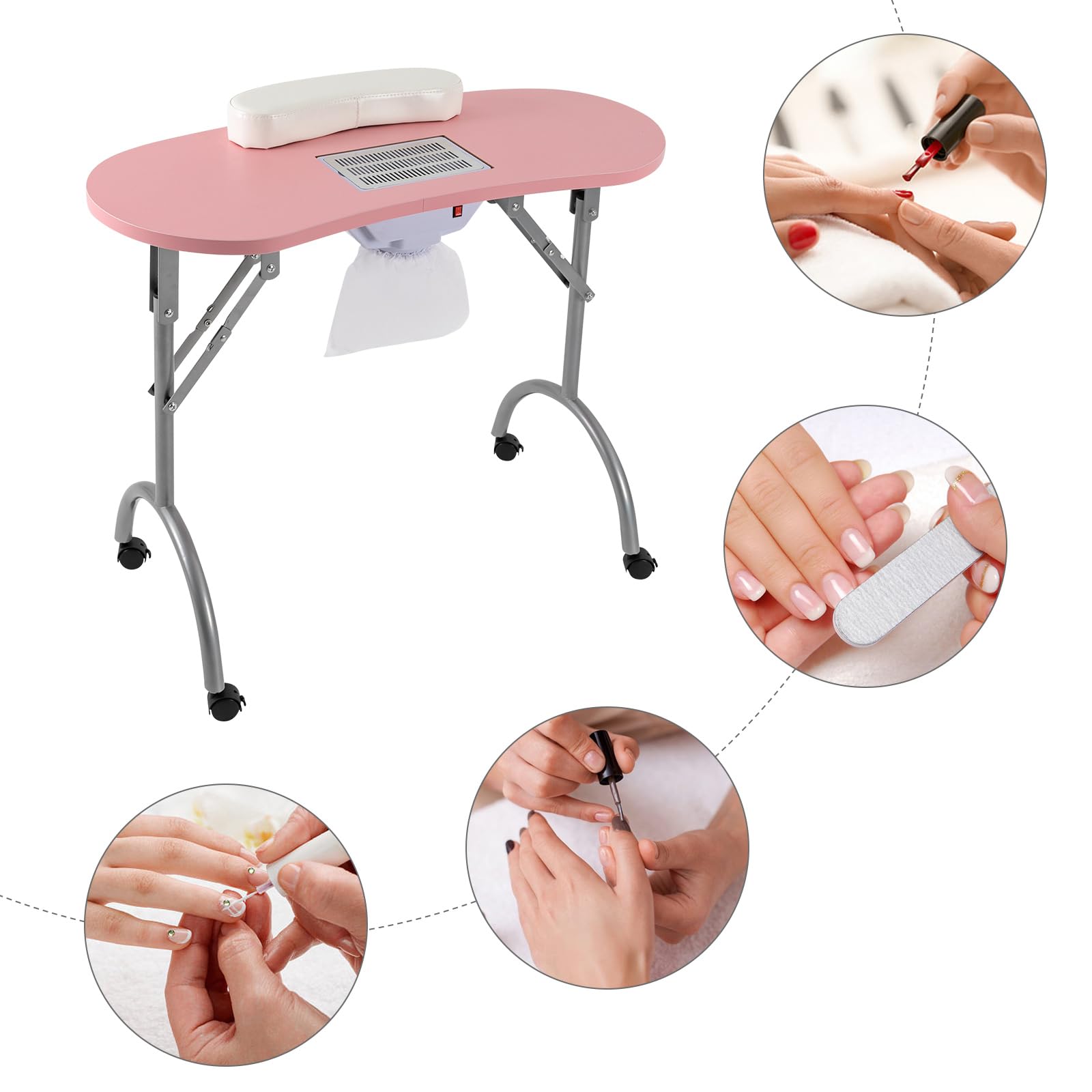 Tavolo per manicure con aspirazione, pieghevole, ampio piano di lavoro (35,43 x 15,75 pollici), aspirapolvere integrato, griglia di sicurezza, sacchetti per aspirapolvere