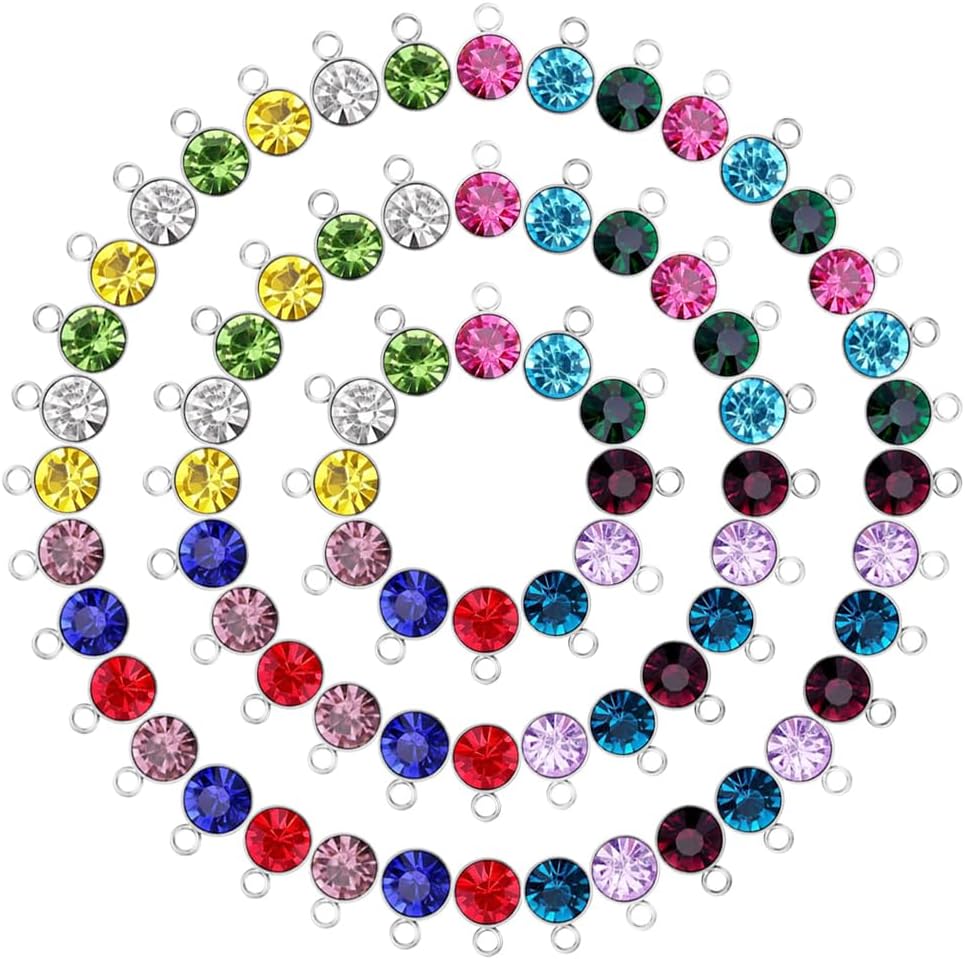 72 Pieces Birthstone Charms DIY Round Beads Pendant with Rings Handmade Crystal Charm for Jewelry Necklace Bracelet Ankle Earring Making Supplies, 7mm, 12 Colors