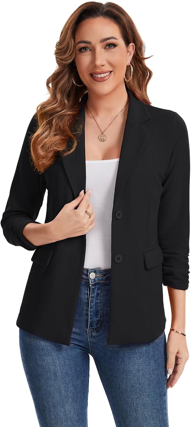 MINTLIMIT Womens Blazer 3/4 Sleeve Notched Collar Button Casual Work Office Blazer Jackets with Pockets - Image 2