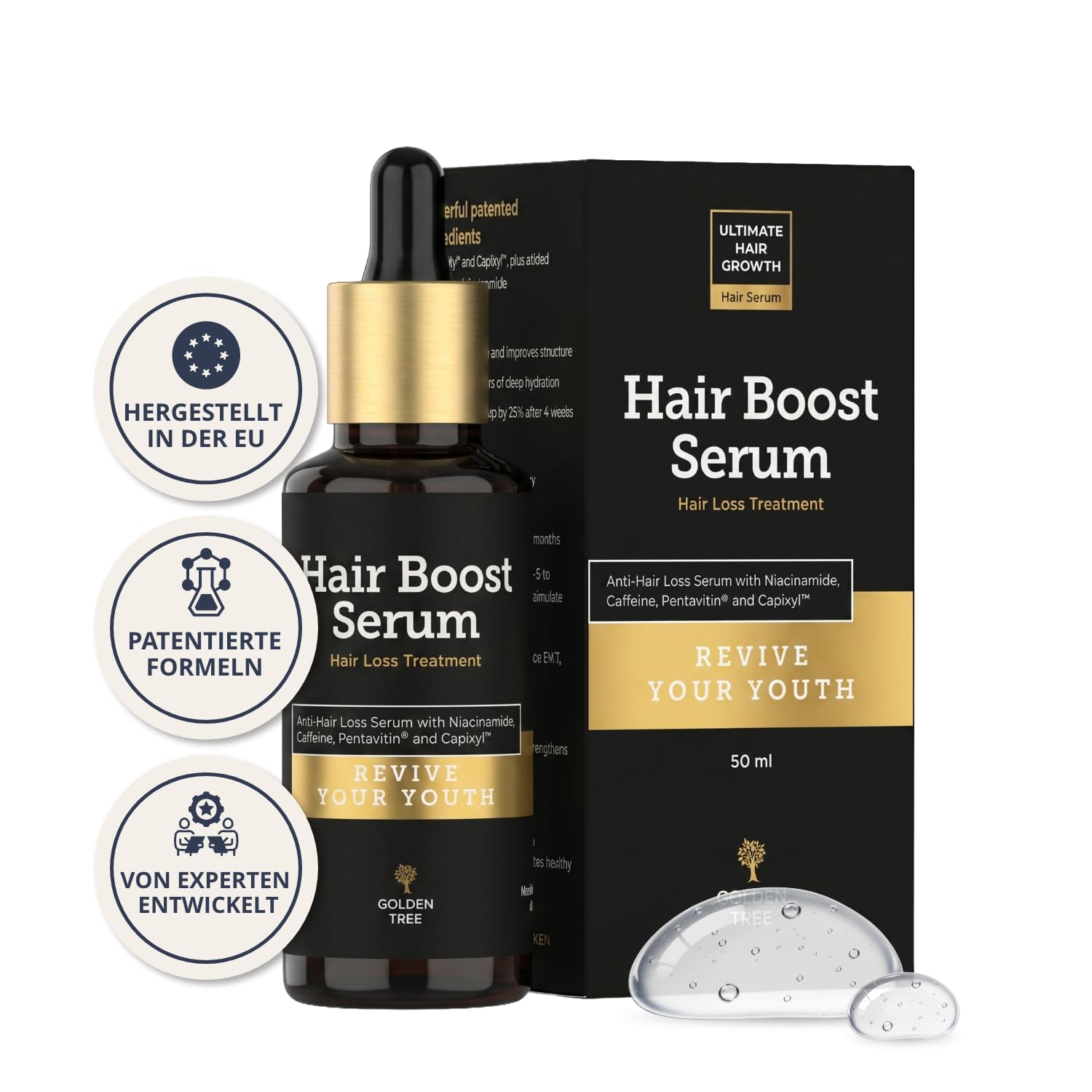 Golden Tree Hair Boost Serum – Haarserum, 50 ml | Koffein, Niacinamid, Saccharide Isomerate, Biochanin A & Rotklee-Extrakt, Haarwachstum Serum, Für dünner werdendes Haar