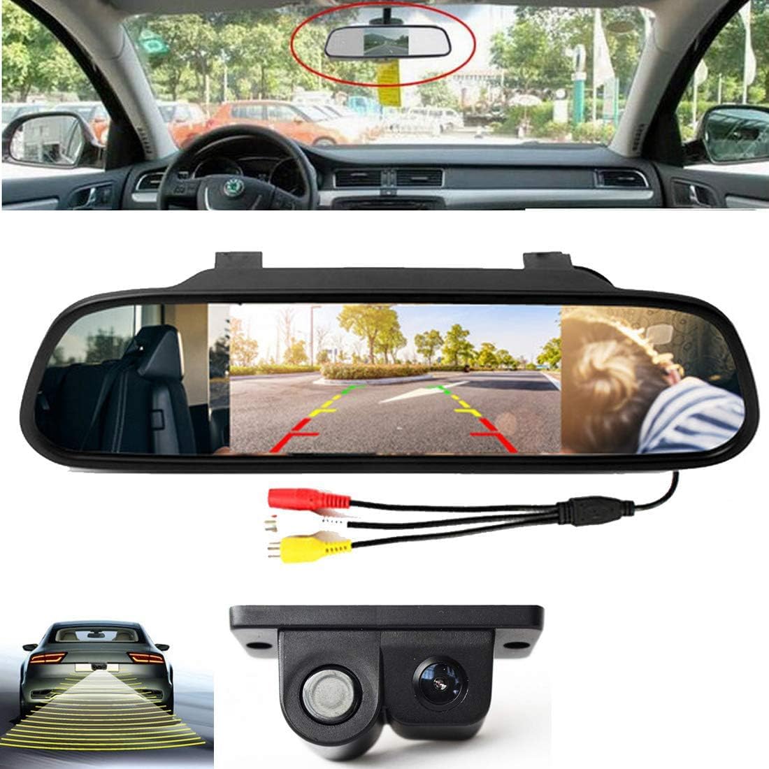 4.3"Monitor di parcheggio per specchietto retrovisore Auto + Sensori di parcheggio Video con Telecamera per retromarcia