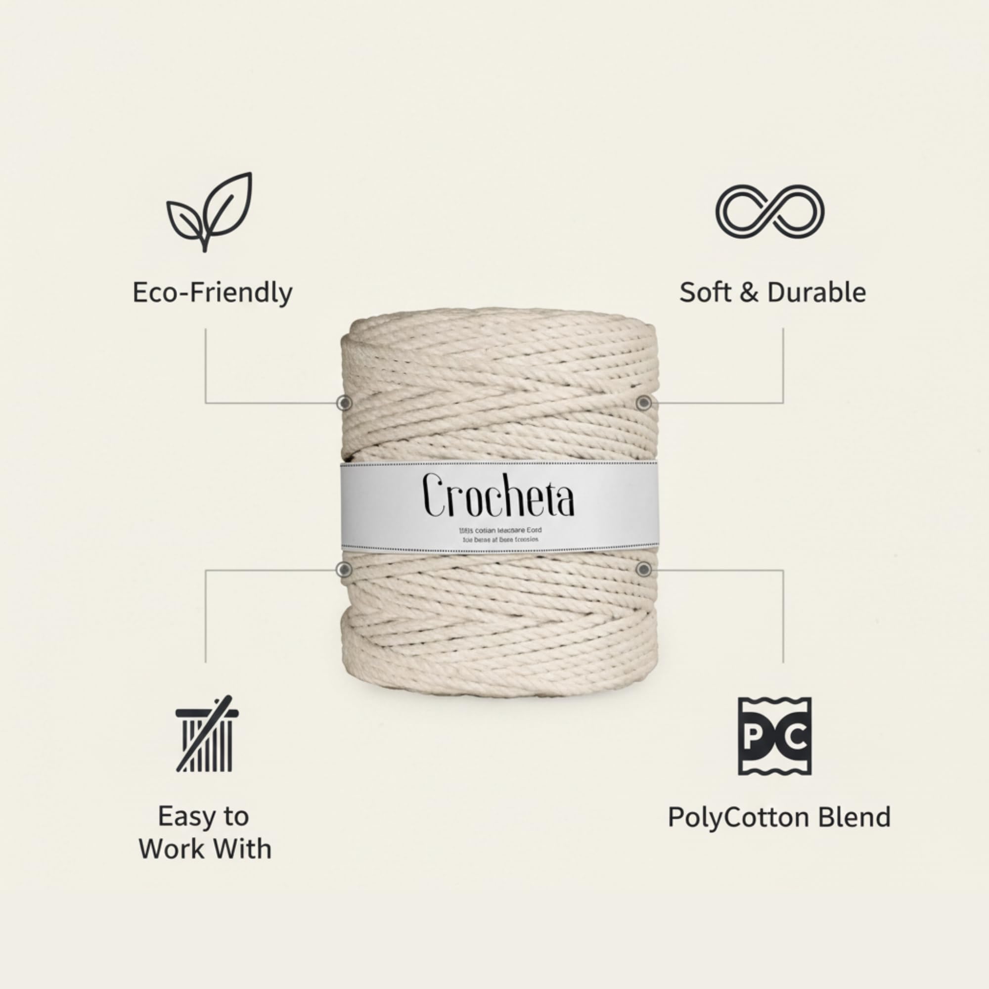 CROCHETA 3 Ply Twisted Macrame Cotton Cord Dori Roll Packaging Thread for Macrame DIY and Other Projects (3mm 100 Mtr., Off White) 3