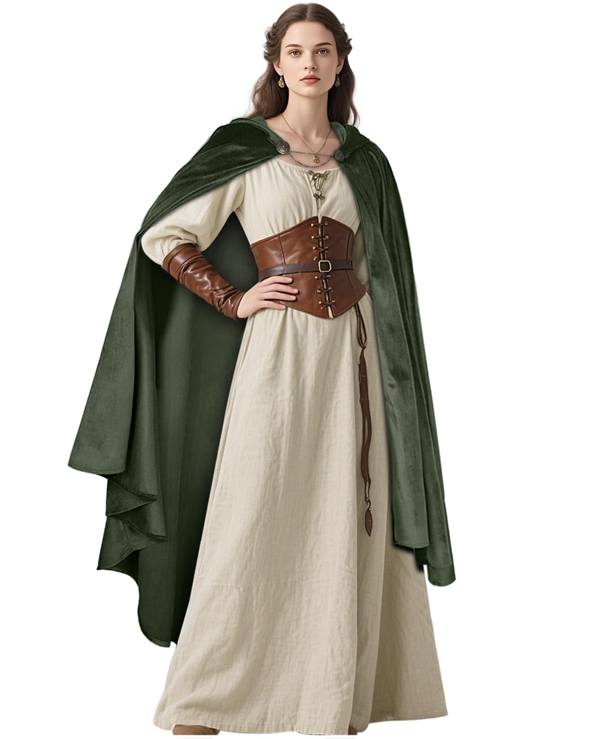 keland Mittelalter Samt Umhang mit Kapuze Gothic Renaissance Mantel, Grün | Damen Kapuzenumhang Cape, Elfe Waldläufer Elben Ritter Aragorn Hexen Cosplay, Karneval, Fasching, Mittelalterfest, LARP