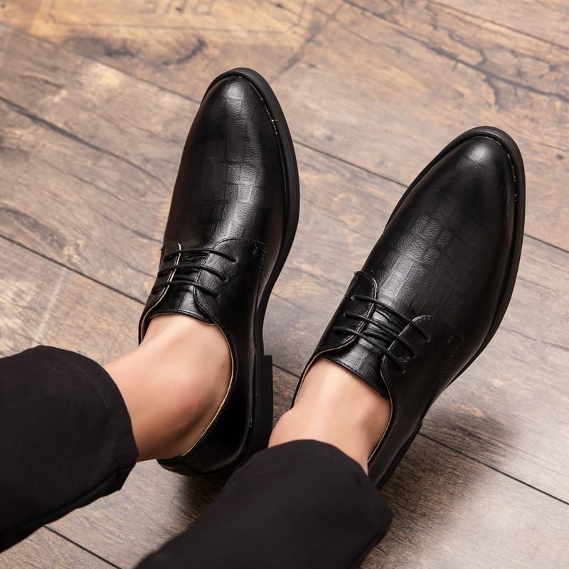 Men's Plaid Print Dress Oxford Shoes - Lace Up Pointed Burnished Toe Leather Formal Shoes, Low Top Block Heel, Non Slip Anti-Slip3