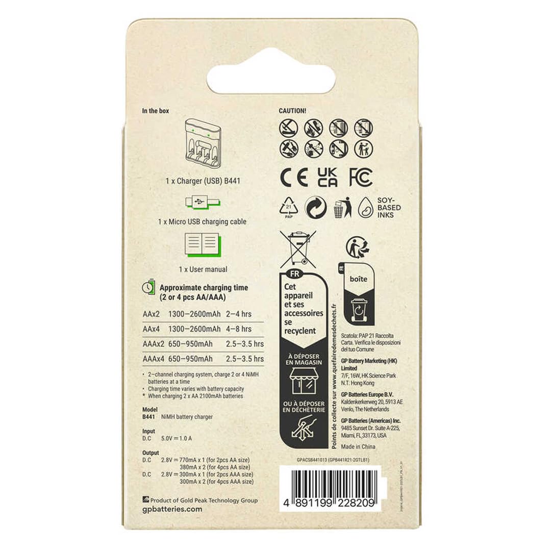 GP B441 Cargador USB (modelo sin batería) 4 canales para baterías recargables AA y AAA