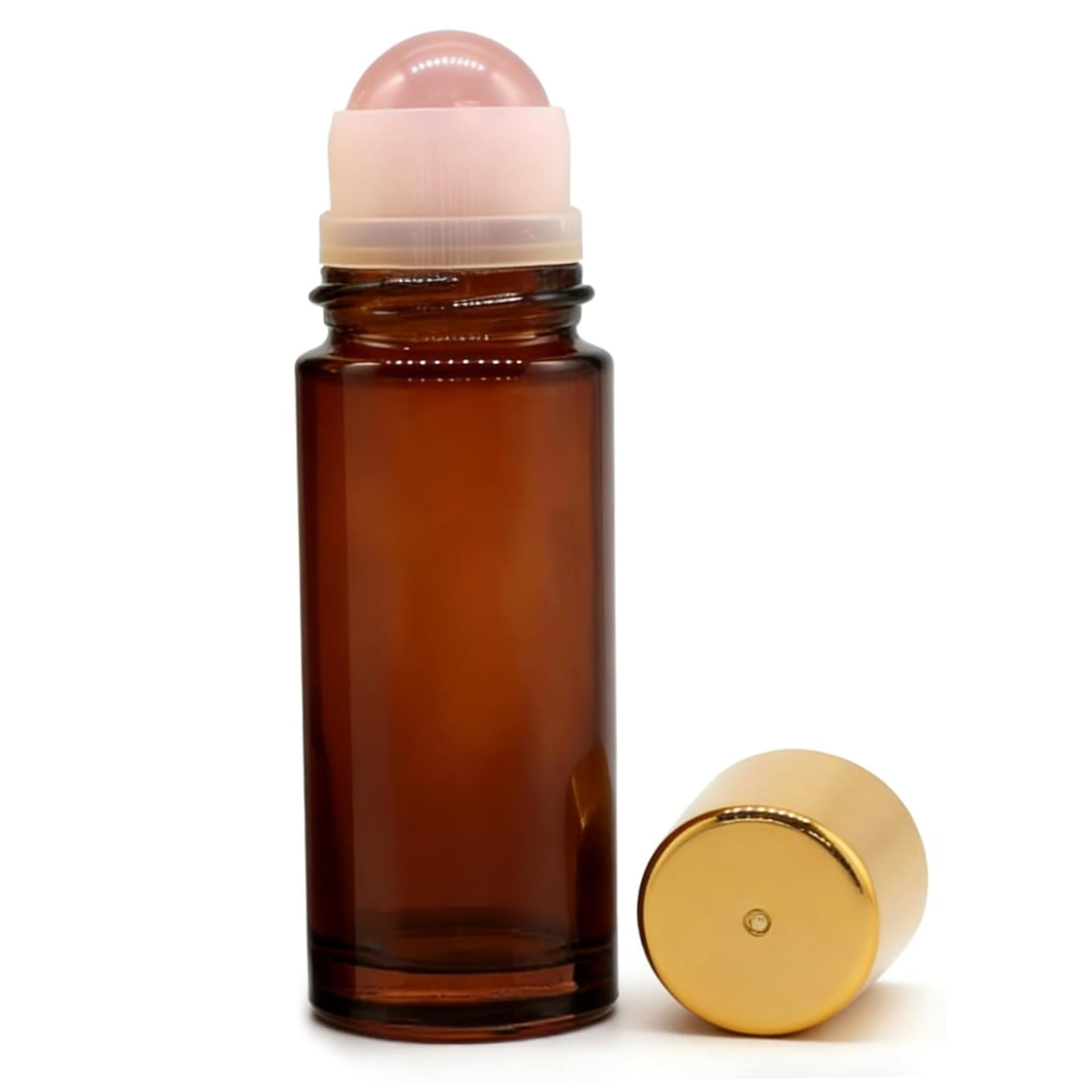 Botella enrollable de cuarzo rosa, botella enrollable de vidrio recargable de 2 piezas para aceites esenciales, botellas enrollables de vidrio marrón de 50 ml con tapa de metal, Rollerball