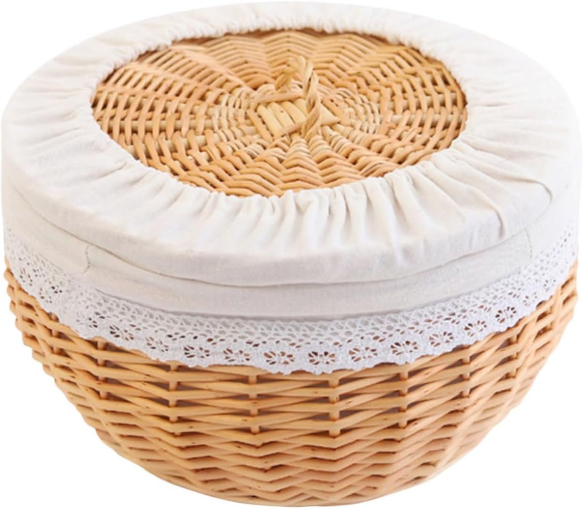 TOYANDONA Woven Food Storage Basket with White Lining, Medium 30cm Diameter, Rattan Style Bread and Snack Organizer for Kitchen and Dining Table, Household Wicker Basket for Fruit and Pantry
