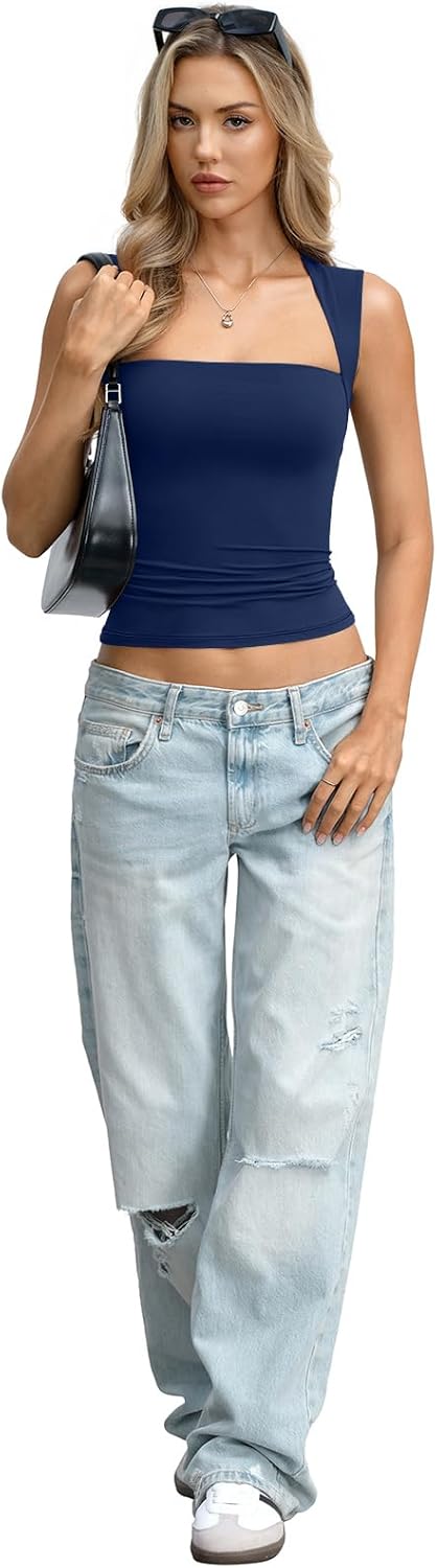 Womens Double Lined Square Neck Tank Tops Basic Slim Fit Sleeveless Shirts Y2K Summer Going Out Outfits 2026 - Image 6