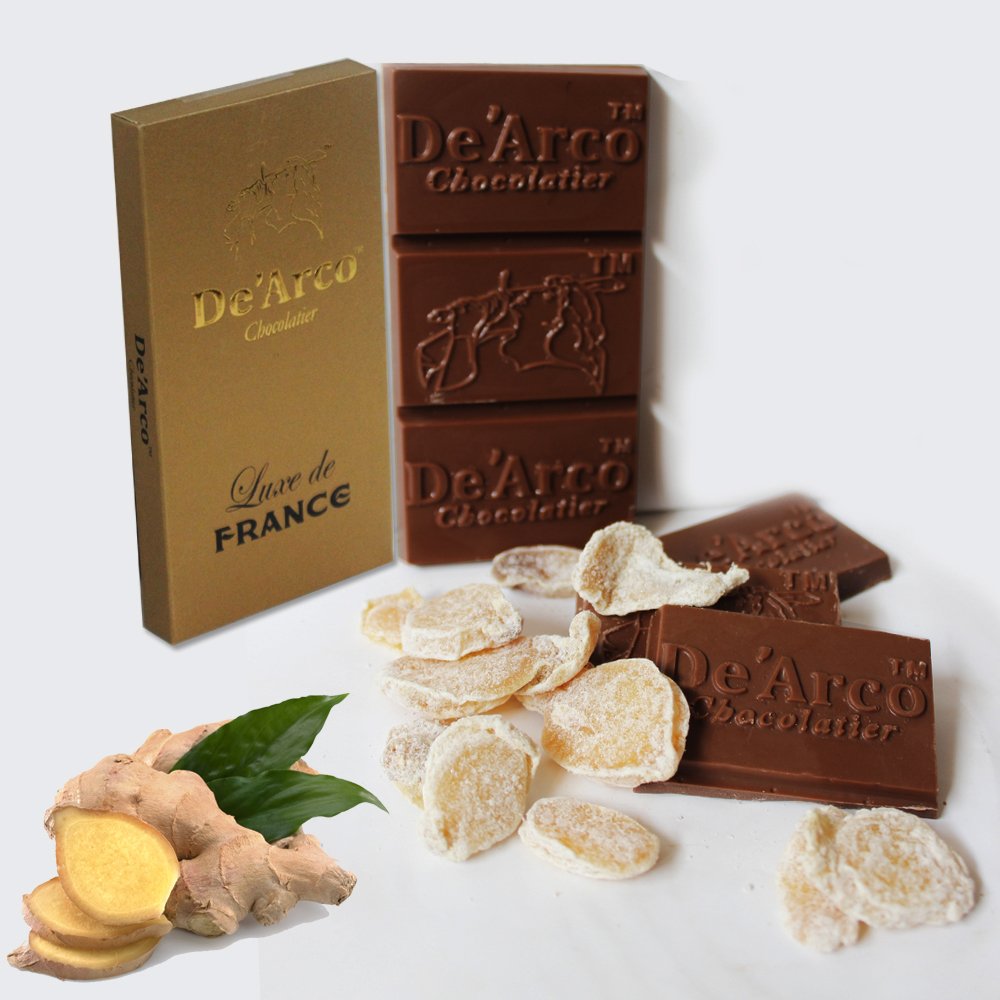 De'arco Chocolatier Gift Ideas for Women, Pure Dark Chocolate Bar, 60% Dark Chocolate with Ginger, 80g