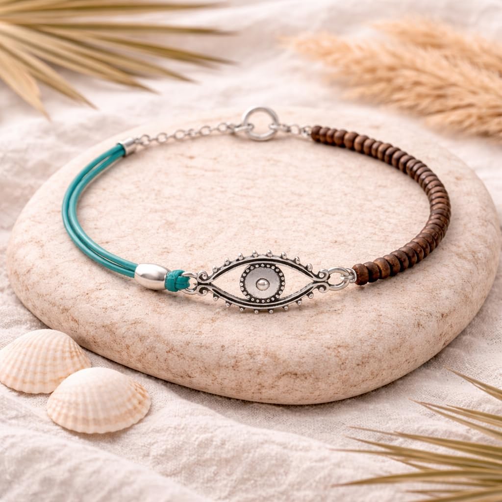 Evil Eye Anklet for Women, Turquoise Leather Ankle Bracelet