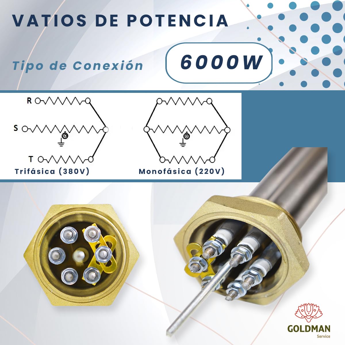 GOLDMAN SERVICE Resistencia de Inmersión | Potencia: 6000W (230/380V) | Métrica: 1 ½ Pulgadas + Junta | Recambio Depósito Industrial Termo Eléctrico