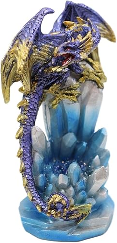 Miniatura 2 de Ebros - Estatua de roca de estalactita de cristal azul de 6.25 pulgadas de alto, dragón cósmico morado y dorado con luz nocturna LED, figura