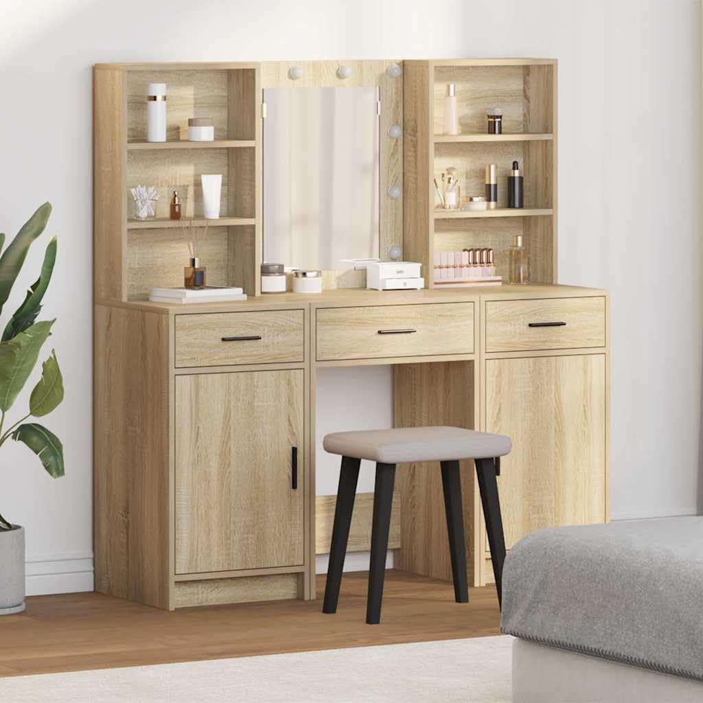 Schminktischset mit LED Beleuchtung 3-teilig Sonoma-Eiche Holzwerkstoff Make-up Tisch Spiegelkommode mit Stauraum für Schlafzimmer, Frisiertisch, Kosmetik, Organizer, modernes Design