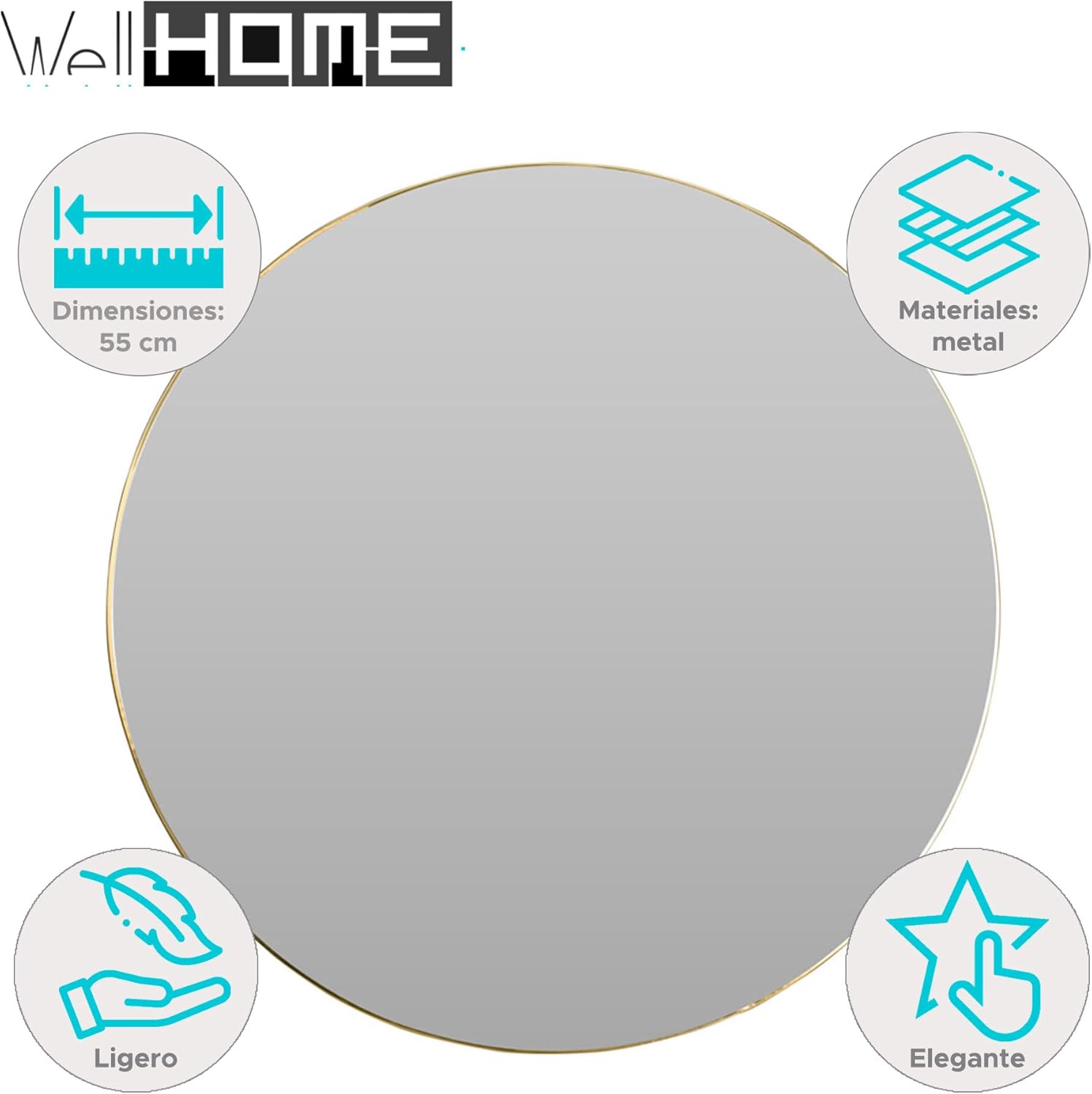 Well Home Round Mirror Diameter 55 cm with Gold Metal Frame and 2 Hooks