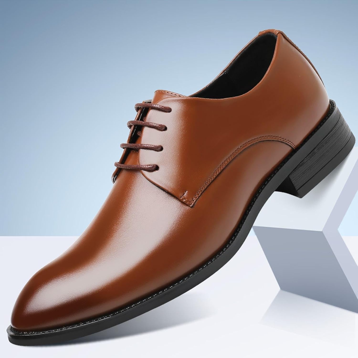 Men's Polyester Leather Shoes Solid Color Pointed Lace Up Business Casual