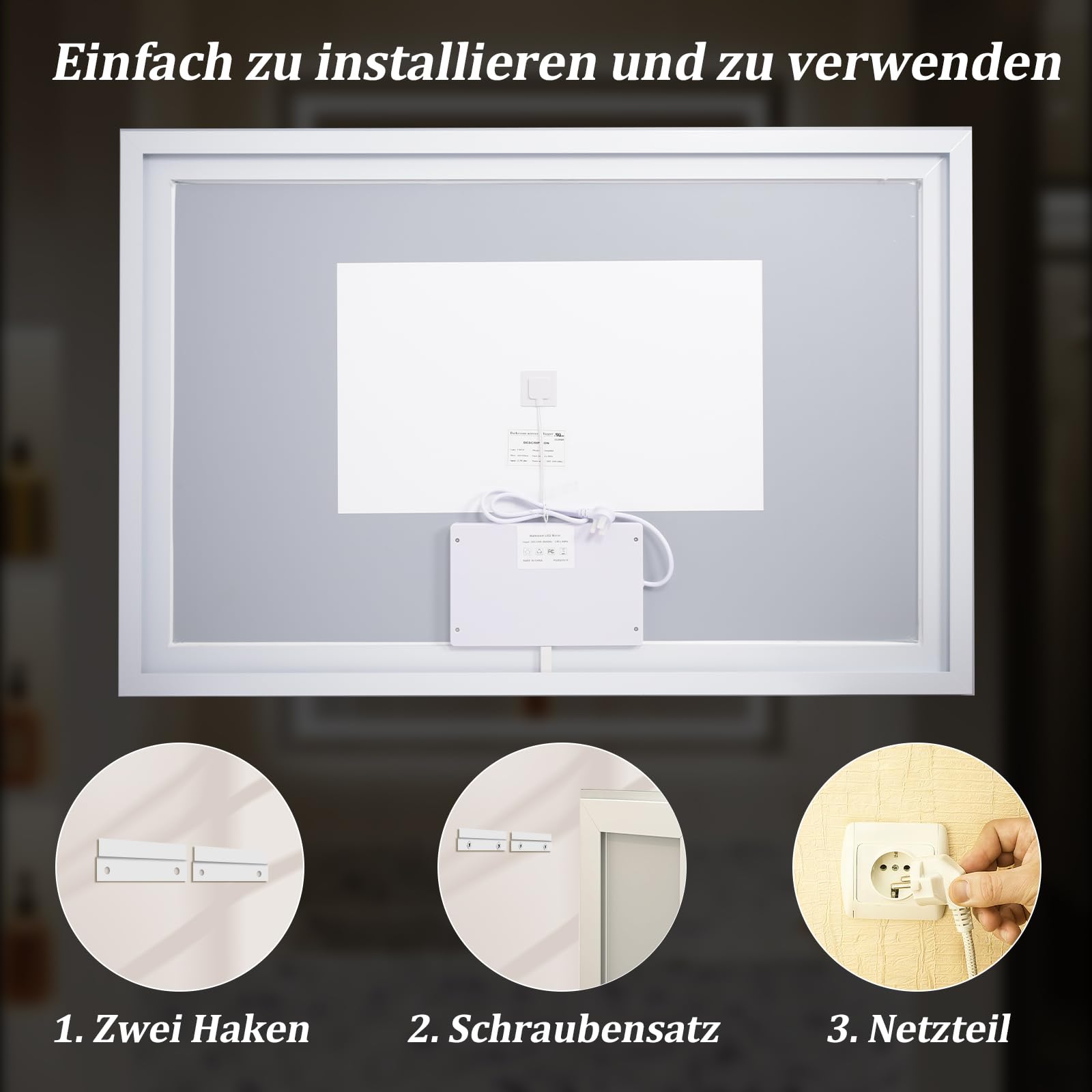 Koonmi 70x50 cm LED Badezimmerspiegel - 3 Einstellbare Beleuchtungsmodi, Beleuchteter intelligenter Badezimmer Spiegel mit Front- und Rücklicht, Memory-Funktion, wandmontiert horizontal und vertikal
