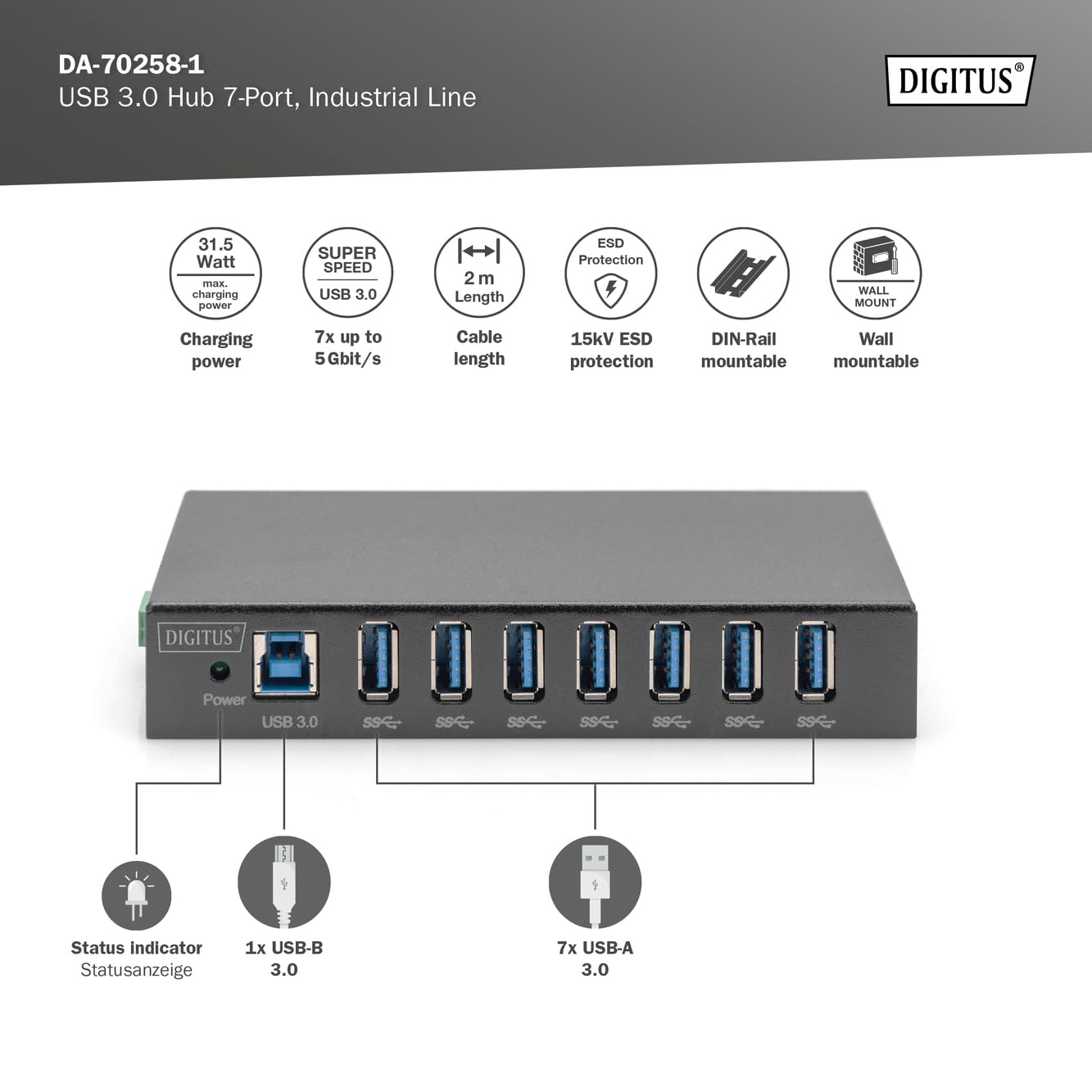 Digitus Usb 3.0 Hub 7-Port Industrial Line (dA-70258-1)