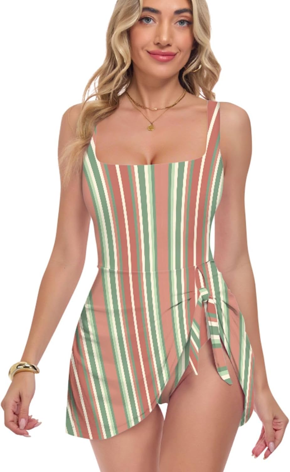 Red Green Stripe Women's One Piece Swimsuits Tummy Control Bathing Suits S A2300908