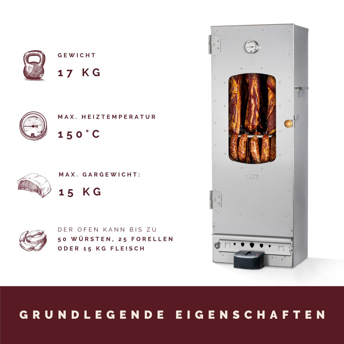 KAISER COMPANY '100' Hochwertiger Elektrischer Räucherofen/Räucherschrank aus Edelstahl I Tragbarer Smoker 110 cm I Passen bis zu 15kg Fleisch I 2000W I mit Zubehör I NICHTROSTEND