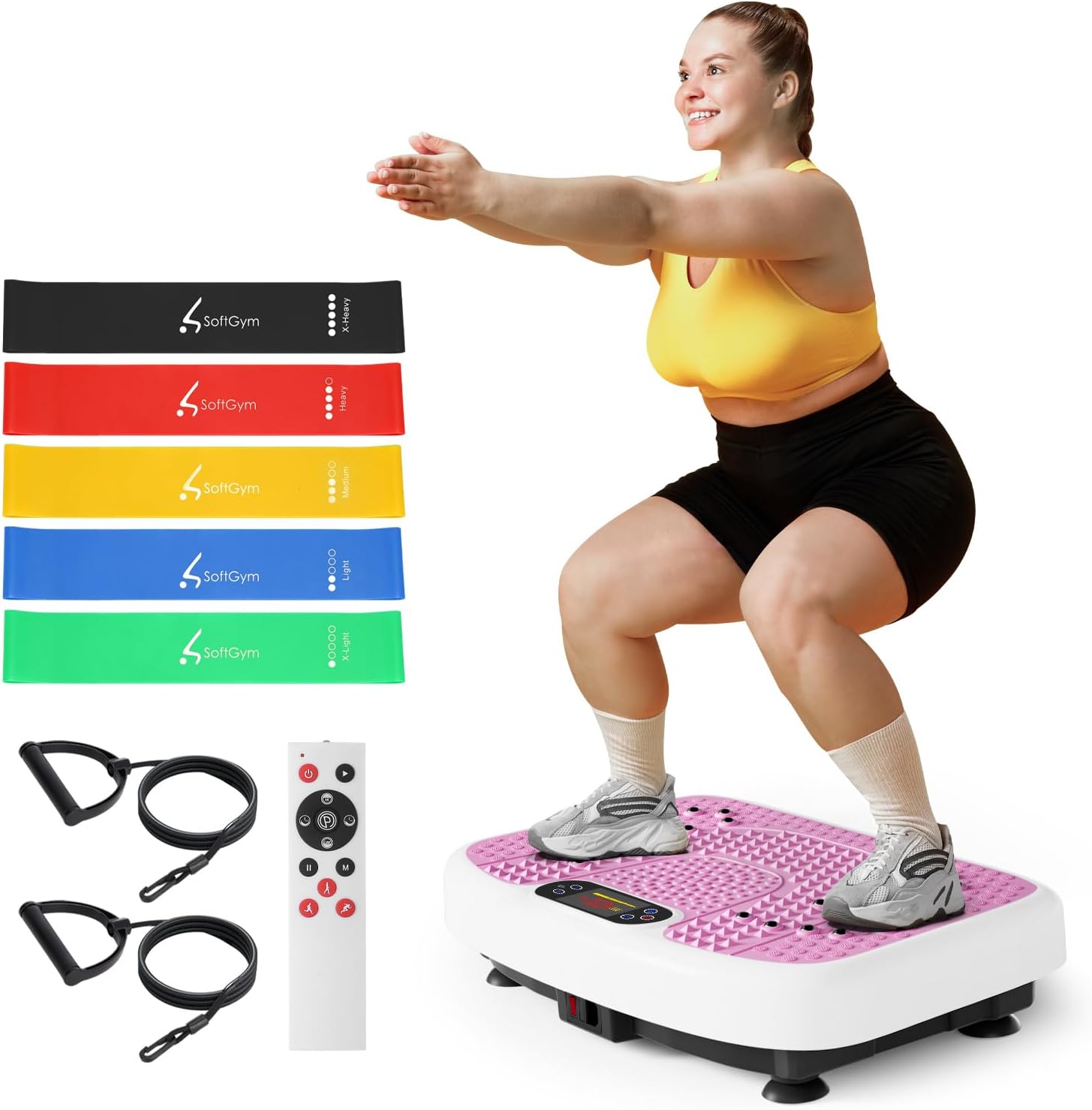 SoftGym Vibration Plate Exercise Machine for Lymphatic Drainage,Power Vibrate Stand Shake Board 450 Lbs Capacity Whole Body Workout Waver with Fitness Resistance Bands Weight Loss Gifts for Women Men Slim- Pink