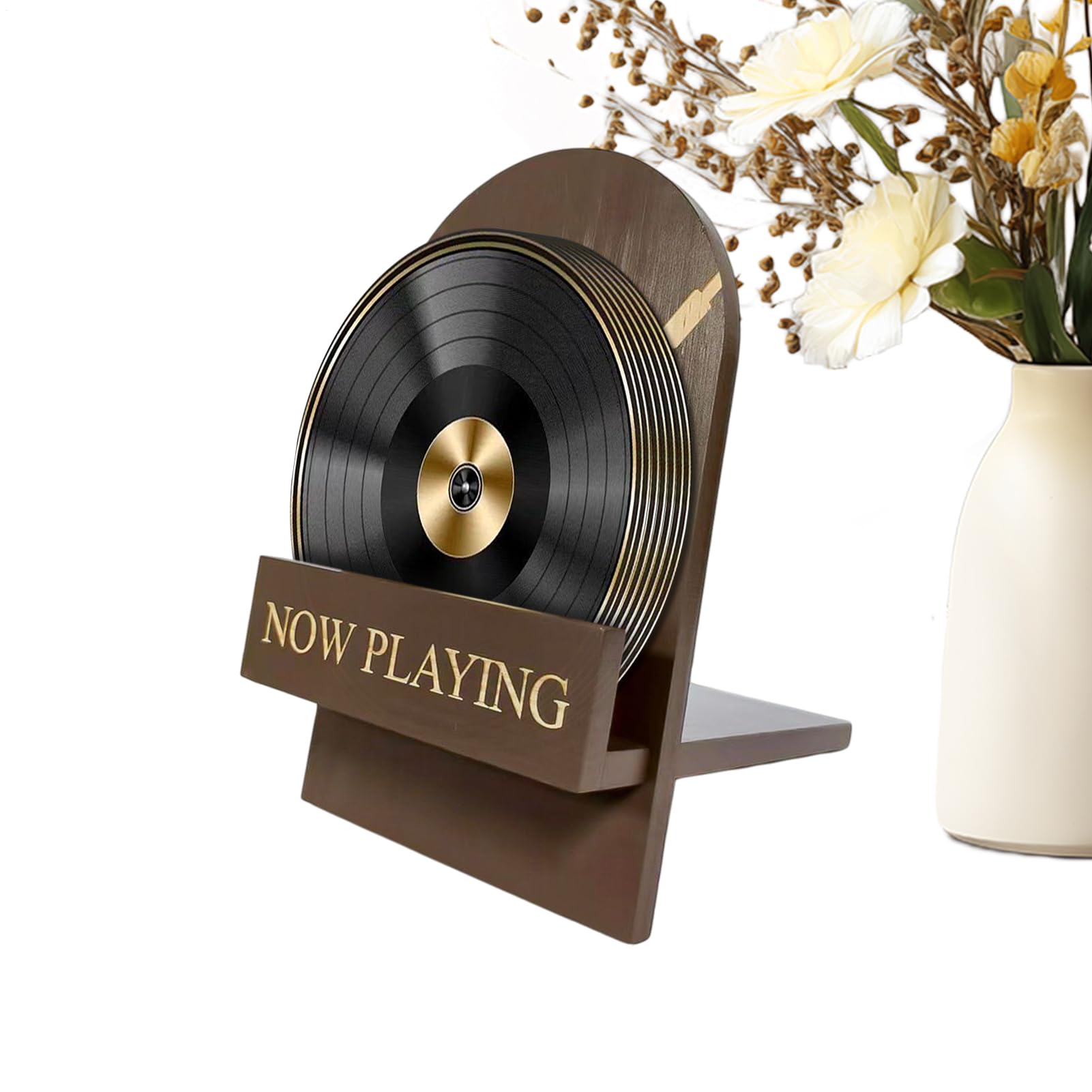 Support à disques bois vintage et présentoir vinyle de table