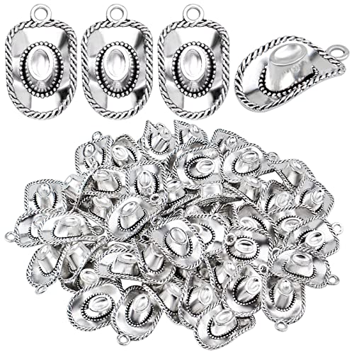50 Pieces Antique Silver Cowboy Hat Charms Alloy Vintage Western Dangle Pendants Jewelry Making Accessories for DIY Necklace Bracelet Earrings Craft Supplies