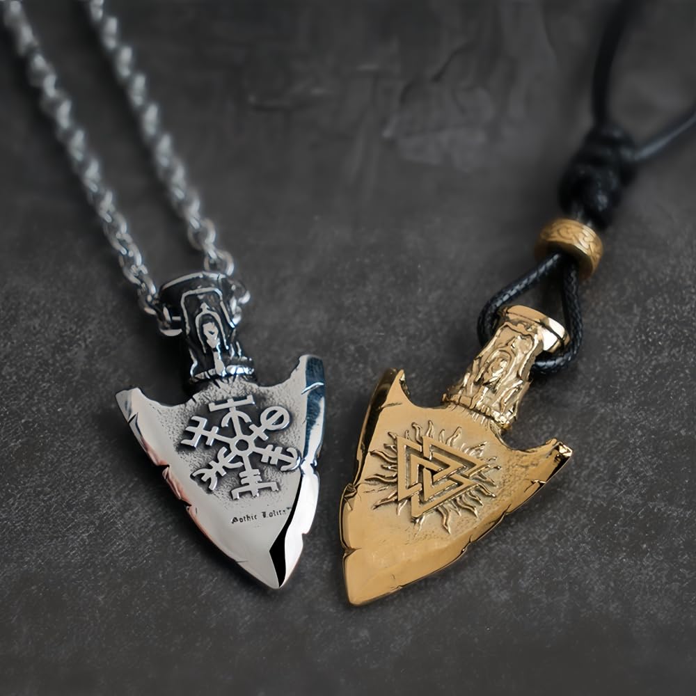 ForFox Collar Colgante de Punta de Flecha con Vegvisir y Valknut y Thor nórdico Vikingo de Acero Inoxidable Titanio para Hombre Mujer