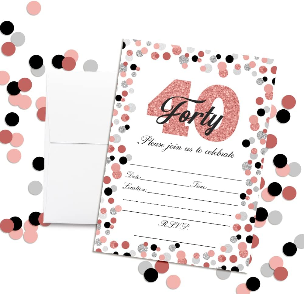 Amanda Creation 紙吹雪 ローズゴールド 水玉模様 40歳の誕生日パーティー招待状 5インチx7インチ 20枚 ホワイ