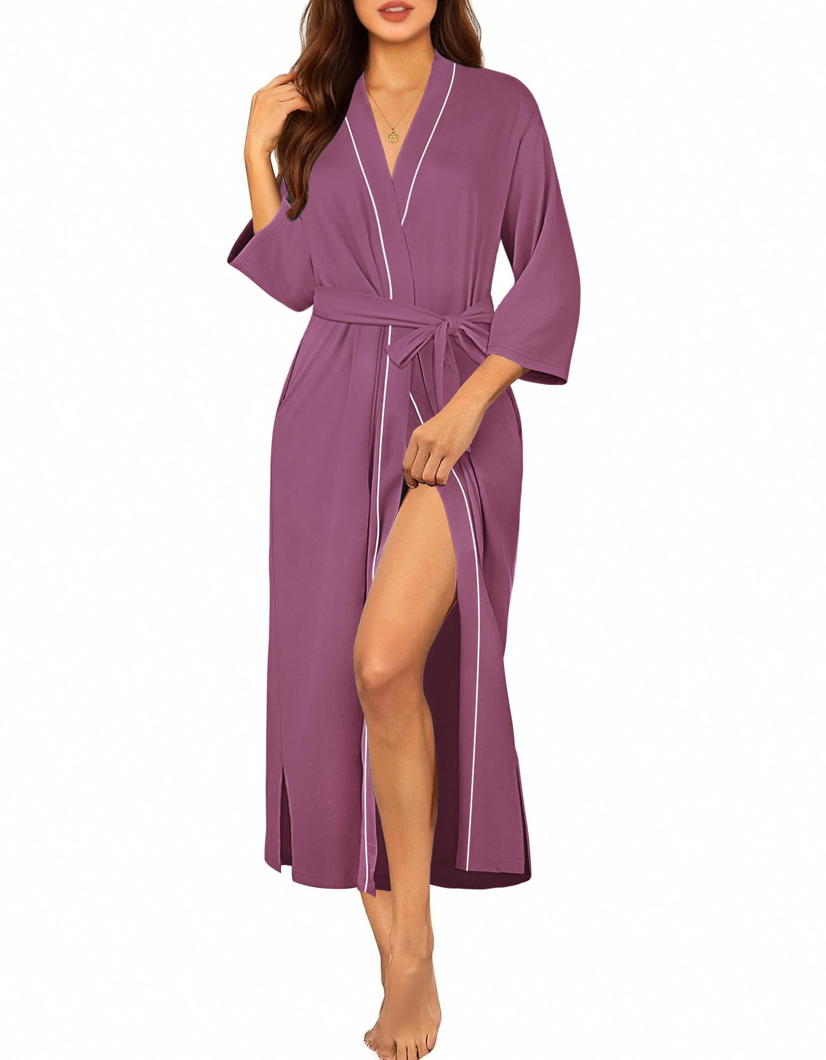 Ekouaer Robes for Women Long Knit Bathrobe Lightweight 3/4 Sleeves Kimono Robe Soft Sleepwear with Pockets S-XXL