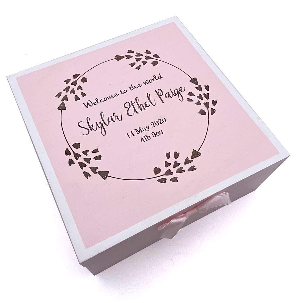 Personalised Baby Girl Pink Wooden Memories Keepsake Box Heart Wreath