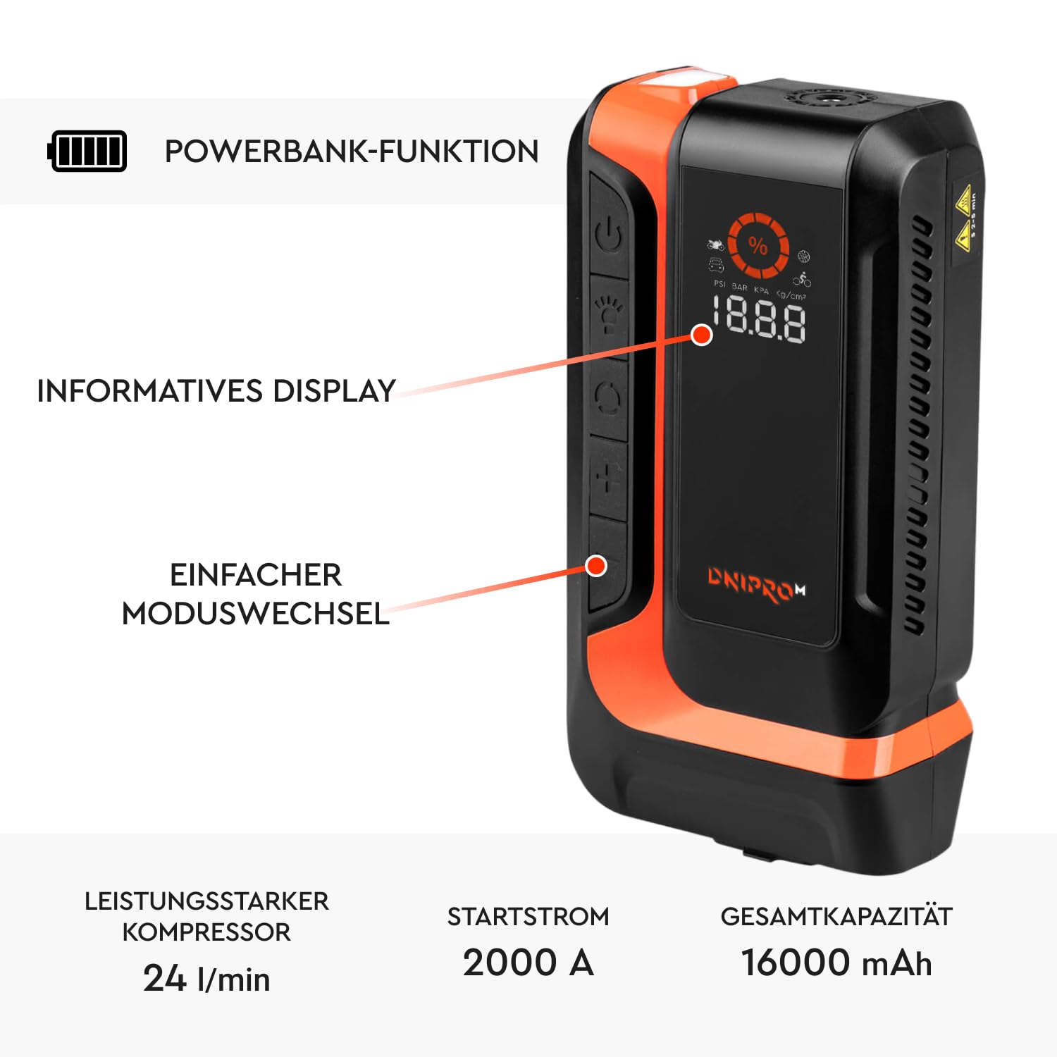 DNIPRO-M Starthilfe mit Luftkompressor JS-16C – 12V Jump Starter mit 2000A Spitzenstrom und 16.000 mAh – Tragbarer Reifenfüller bis 150 PSI, Luftkompressor, USB-C Powerbank und LED-Taschenlampe