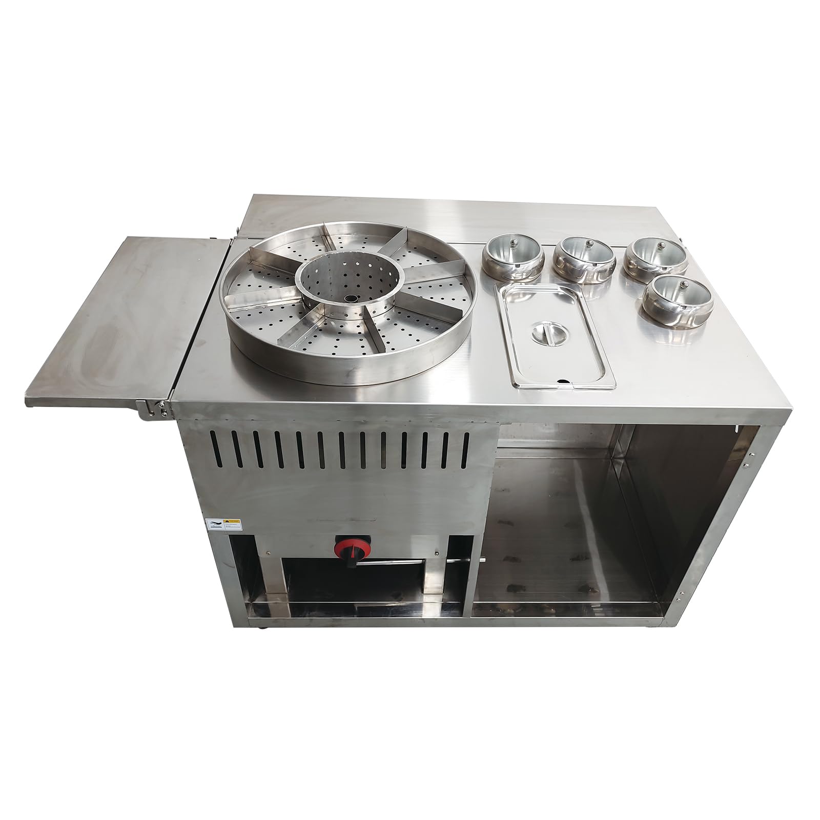 TECHTONGDA Commercial Gas Steam Cooker 27L Stainless Steel Street Food Cart, Multifunctional Fountain Meat Boiler with 4 Spice Box and 1 Insulated Basin, 9 Individual Cooking Zones