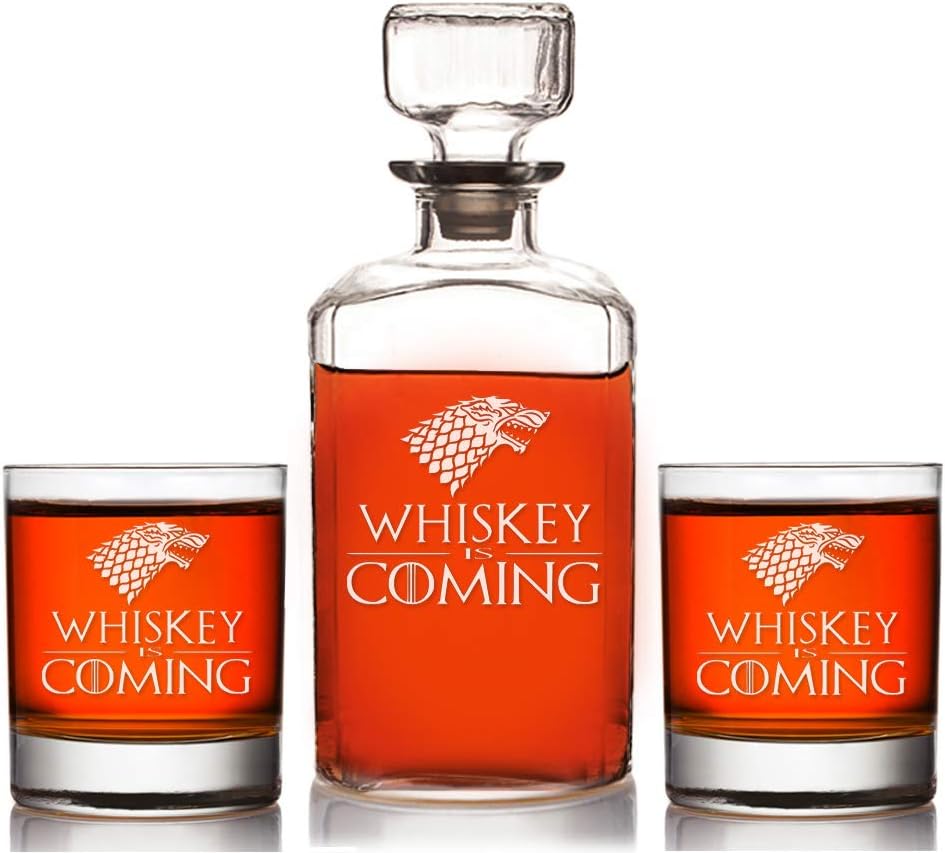 Whiskey Is Coming, Stark House Game Of Thrones Inspired Gift, Liquor Decanter With 10 ounce Rocks Glasses, Groomsmen Decanter Glass Gift, Best Man Decanter Gift, Groom Decanter Glass Gift.