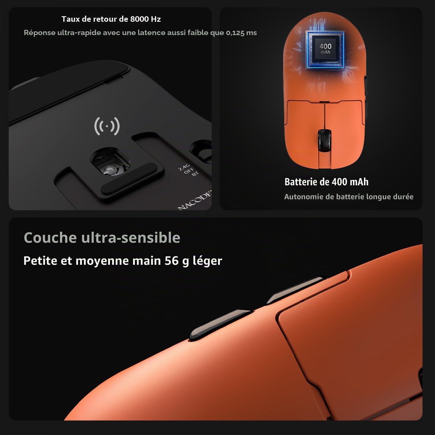AJAZZ AJ159 APEX Wireless Gaming Mouse with RGB Magnetic Charging Base, Lightweight 56 Gram Design, 2.4G/USB-C/BT, 400 mAh Battery, 42K DPI, 8000Hz Response Rate, Compatible with PC and Mac, Orange