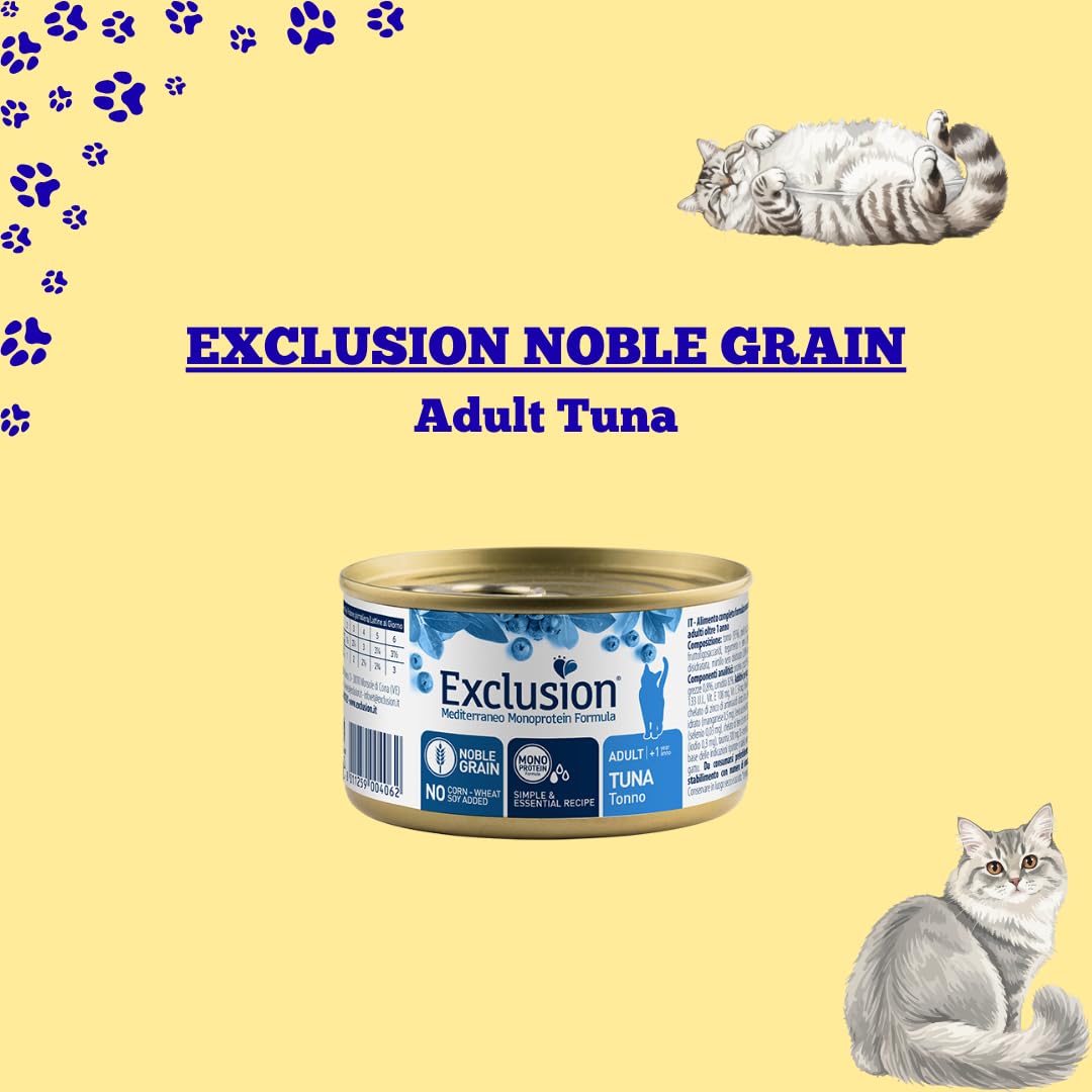 EXCLUSION Mediterraneo NobleGrain Cat Adult Tuna | alimento umido completo gusto Tonno per gatti adulti di tutte le taglie e razze, monoproteico, 12 lattine da 85gr, 12x85gr.