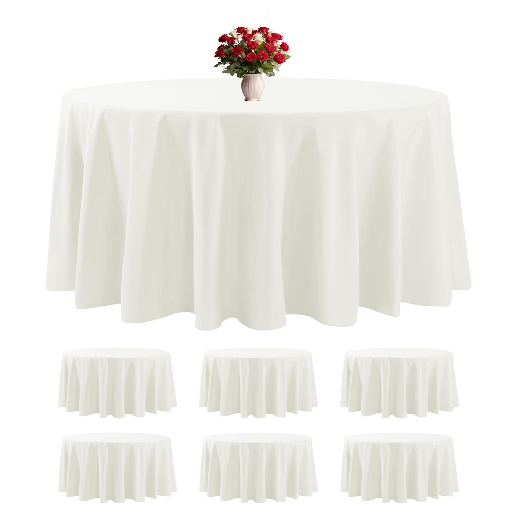 Photo 1 of 6 Pack Ivory Round Tablecloths 132 Inches Table Cloth Stain and Wrinkle Resistant Washable Polyester Table Cover Fabric for Party, Wedding,Dining,and Banquet Decoration
