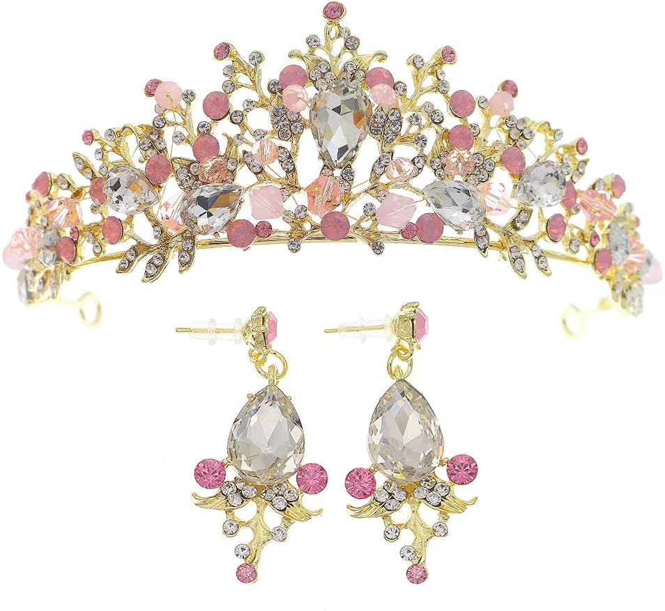 Queen Tiaras Flower Wedding Crowns with Earrings Baroque Princess Pink Rhinestone Headpiece for Women Bridal Hair Accessories For Party