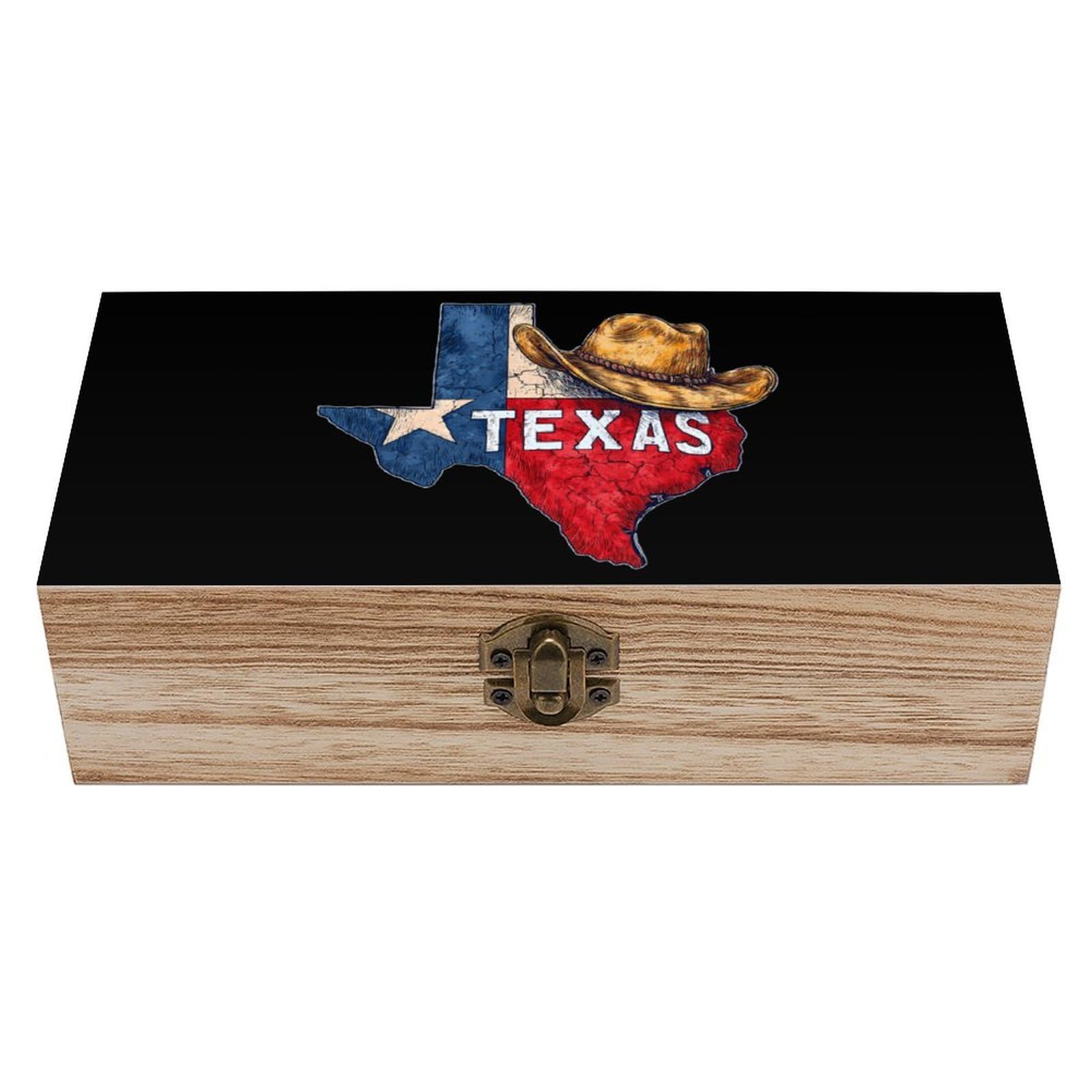 HLBSDM Texas State Flag Hat Wooden Box with Hinged Lid Decorative Storage Case Container