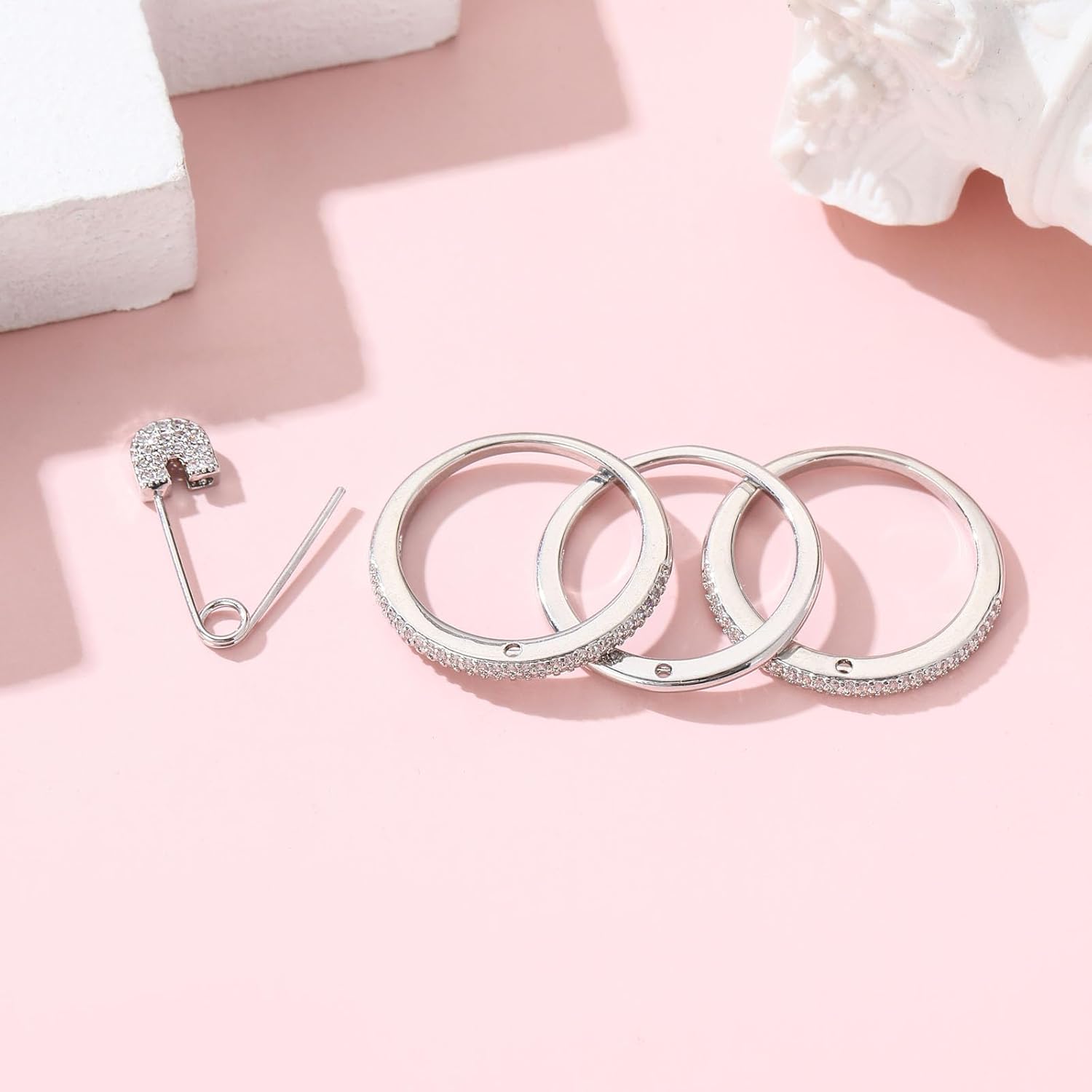 Safety Pin Silver& Gold Stackable Rings for Women Non Tarnish 14k Gold Plated Statement Ring Set Cubic Zirconia Wedding Rings Thumb Ring Stack Pack Unique Jewelry Gift Women - Image 2