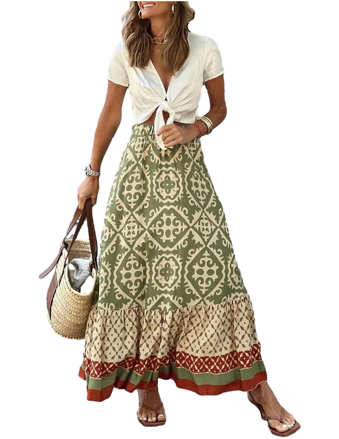 Donna Gonna Lunga Stampata Casual Alta Vita Elastica Boho Floreale Senza Maniche Gonna Estiva Abiti da Spiaggia