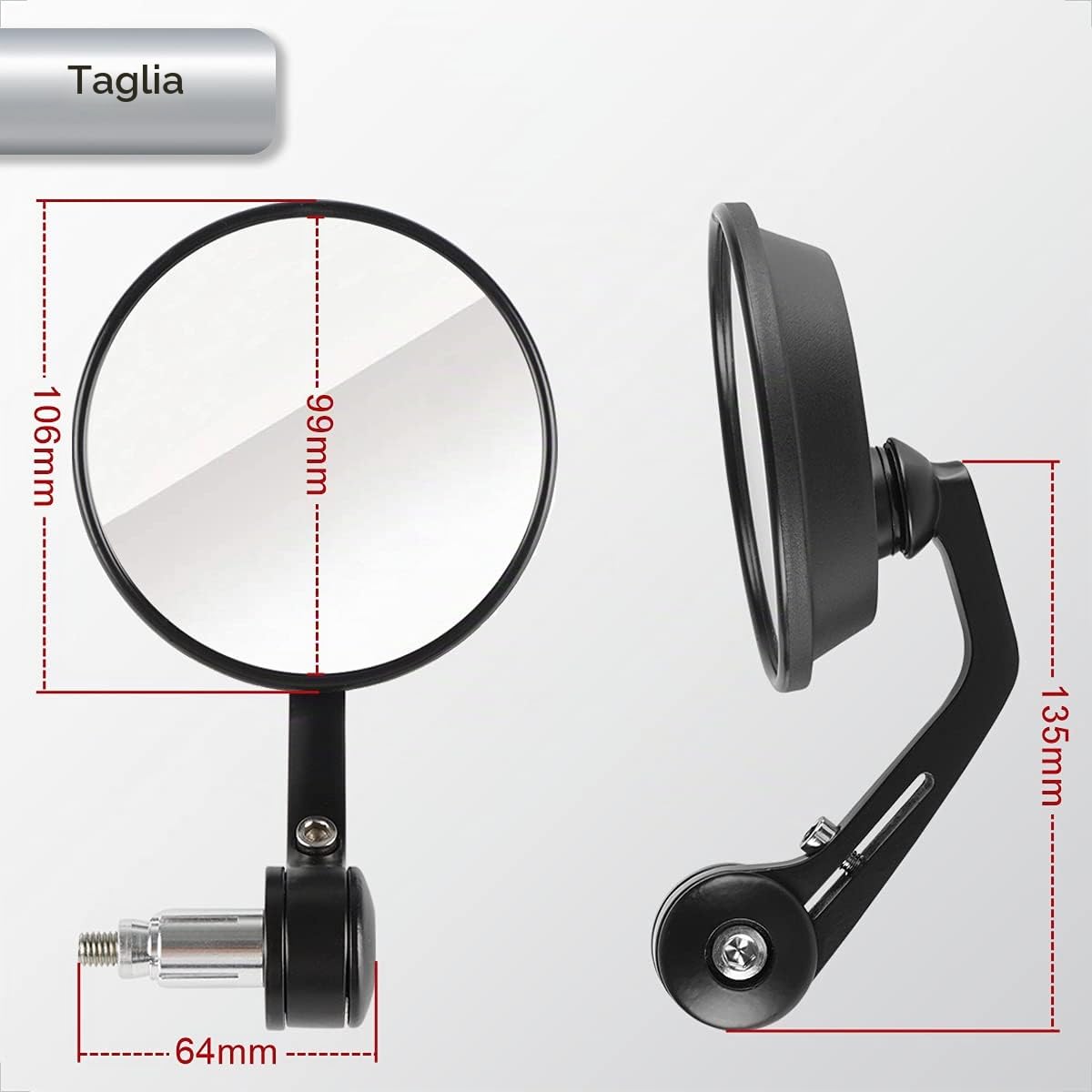 Evermotor Specchietti Moto Manubrio Omologati E4, Specchietti Manubrio Moto Rotazione 360°, Retrovisori Bar End per Manubri 22mm, Compatibili Ø Interno 13–16mm e 17–19mm, 2 pezzi