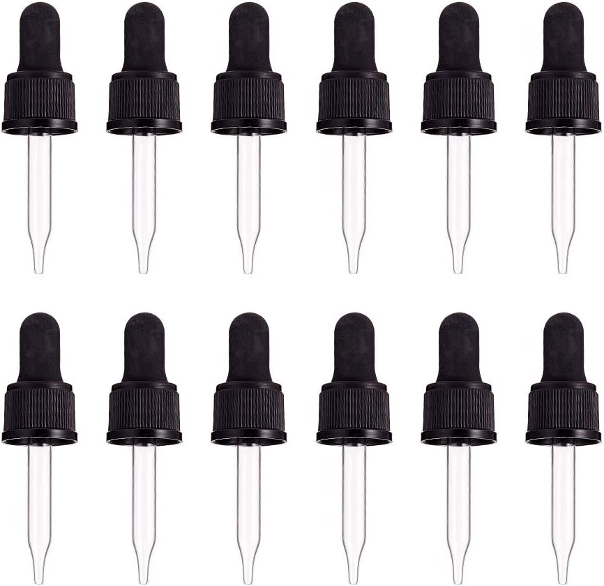 PH PandaHall Set of 12, Glass Eye Droppers for Essential Oil 10ml (1/3 Ounce) Pressure Rotating Cover Oil Droppers Pipettes Roller Tops for 10ml Essential Oil Bottles