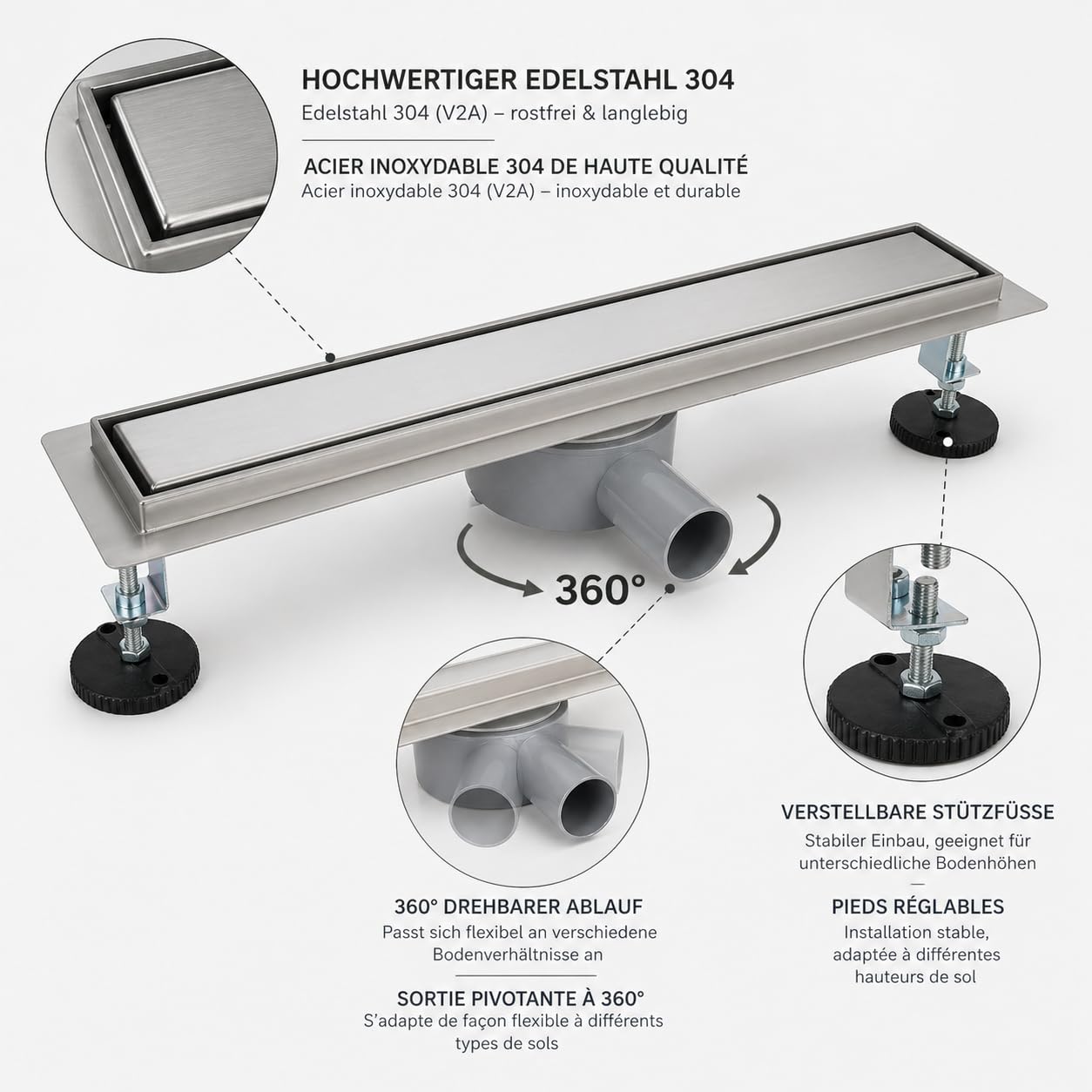 Duschrinne 80 cm Komplettset, Edelstahl 304 Ablaufrinne, 360° drehbarer Siphon, Extra Flache befliesbare Duschrinne mit Haarsieb – bodenebene Dusche 50-120cm
