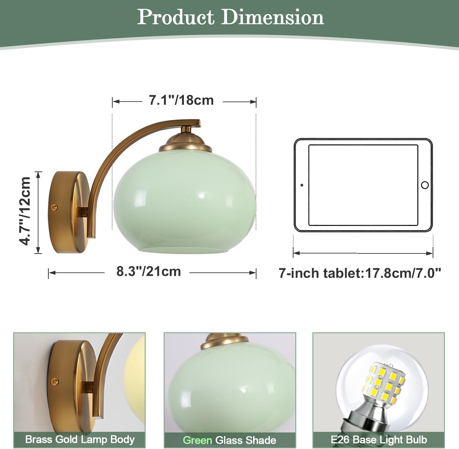Vintage Green Glass Wall Sconce Brass Gold Wall Light Fixture Hardwired Mid Century Modern Bathroom Vanity Light Fixture