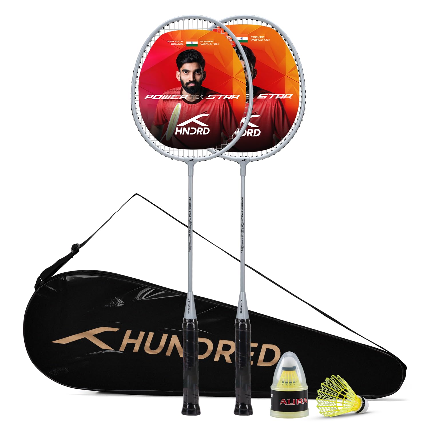 Hundred Powertek Star (2 String Rackets with 1 Full Cover) with 2 Nylon Shuttlecocks (White)