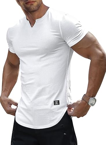 JMIERR Mens Muscle Slim T Shirt V-Neck Longline Henley Shirt Gym Workout Athletic Tee Shirts - Small - 0 White