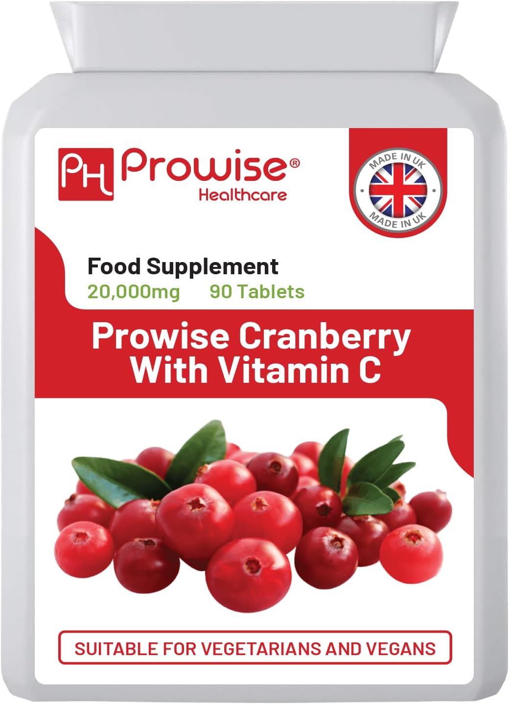 Double Strength Cranberry 20,000mg Added with Vitamin C - 90 Vegan Tablets I Easy to Swallow Tablets | GMO Free Ingredients I Made in UK by Prowise Healthcare