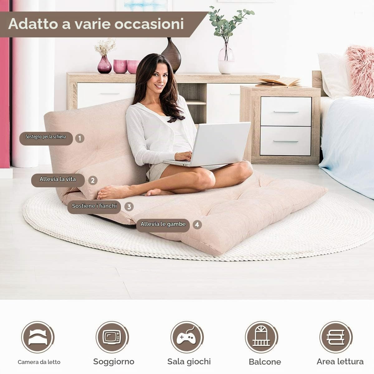 RELAX4LIFE Divano Letto da Terra Pieghevole con 2 Cuscino Lombare, Fodera in Velluto a Coste, Schienale Regolabile in 6 Posizioni, per Soggiorno, Camera da Letto e Balcone (BEIGE)