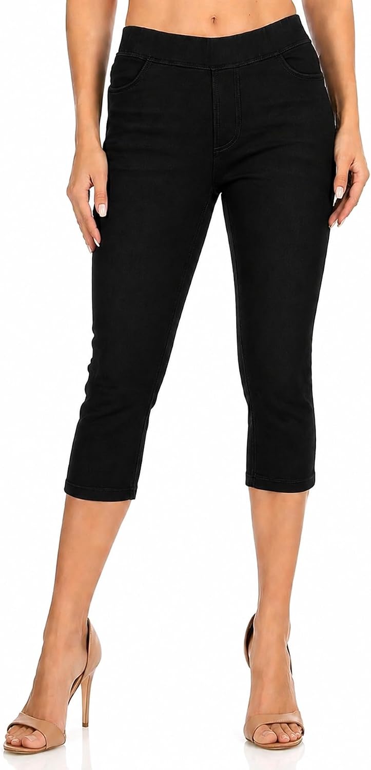 Women's Capri Jeans Pull-On Skinny Jeggings with Side Slit & Pockets Stretch Mid Rise &