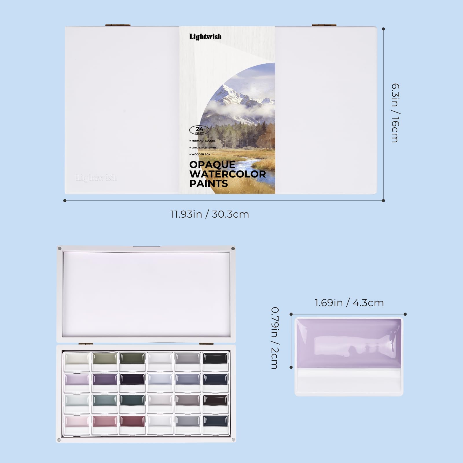LIGHTWISH Aquarellfarben, 24 Farben, in Holzbox mit Mischpalette, Undurchsichtig, Professionelles Aquarell Set, starke Deckkraft, intensive matte Farben, perfekt zum Malen für Anfänger und Profis